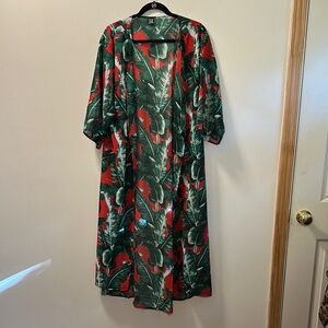 Women’s Red/Green Tropical Leaf Long Length Duster OS/L/XL